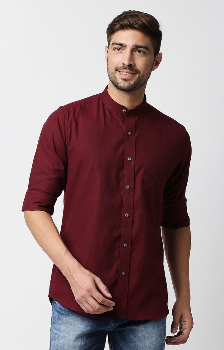 EVOQ | EVOQ's Maroon Flannel Full Sleeves Cotton Casual Shirt with Mandarin Collar for Men