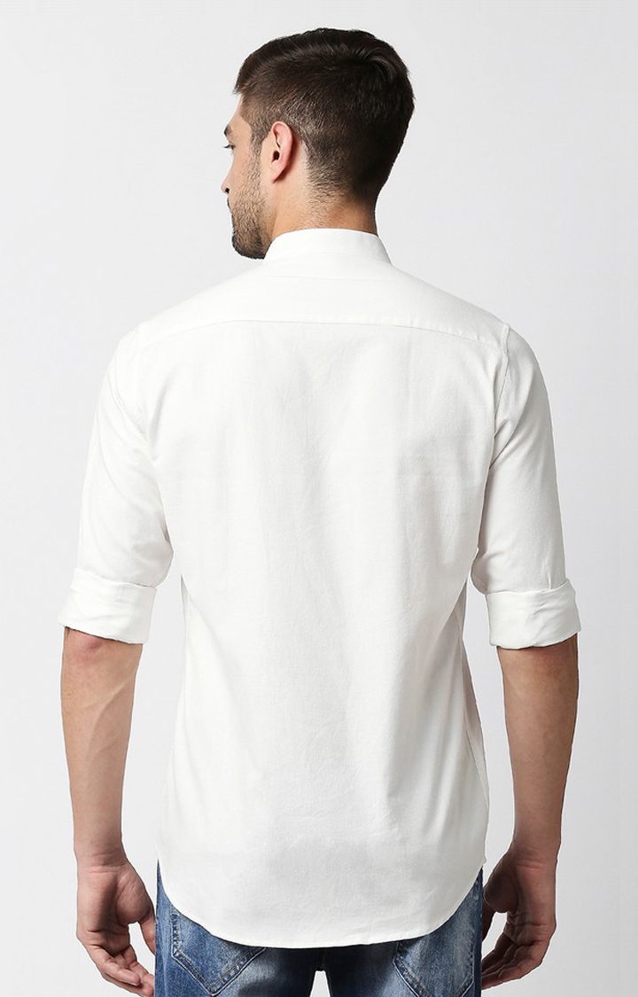 EVOQ's Prinstine White Flannel Full Sleeves Cotton Casual Shirt with Mandarin Collar for Men