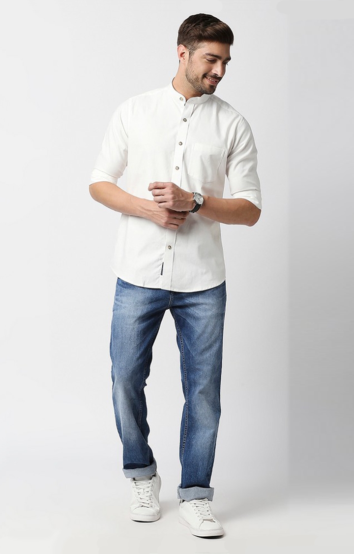 EVOQ's Prinstine White Flannel Full Sleeves Cotton Casual Shirt with Mandarin Collar for Men