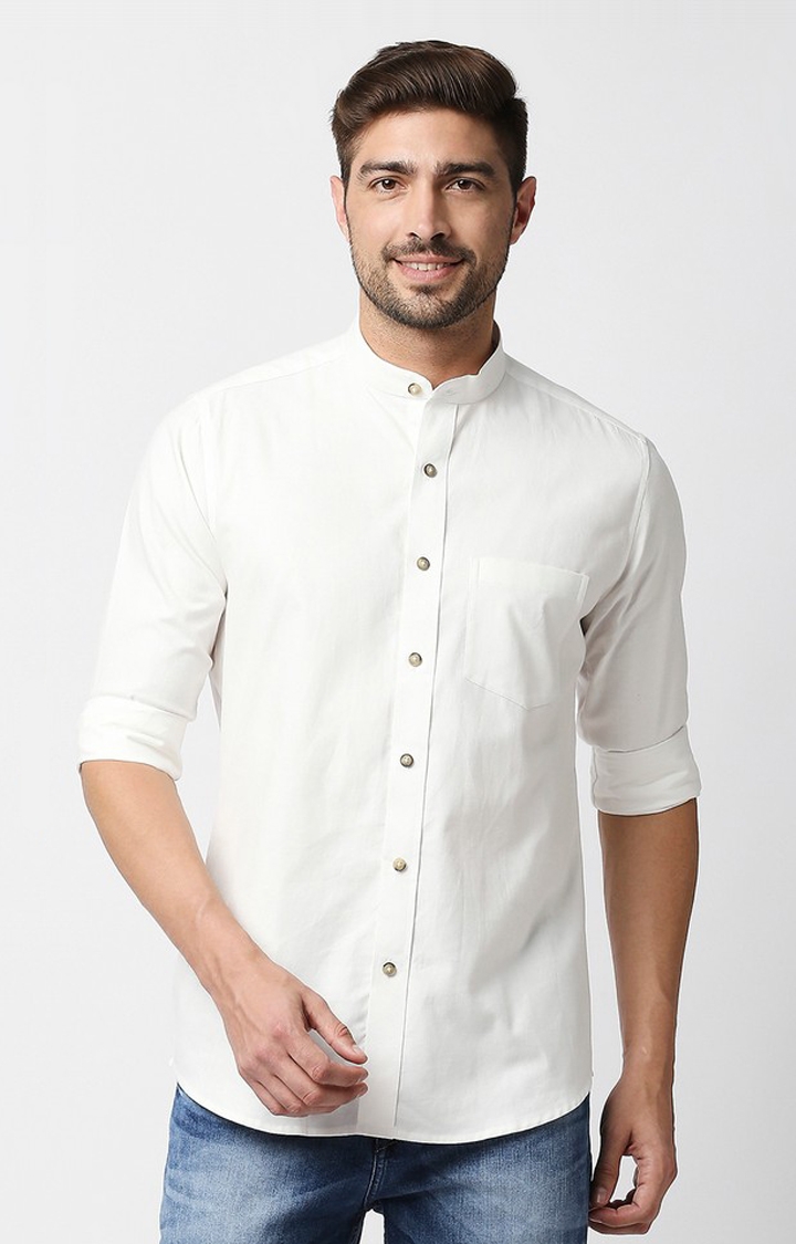 EVOQ | EVOQ's Prinstine White Flannel Full Sleeves Cotton Casual Shirt with Mandarin Collar for Men