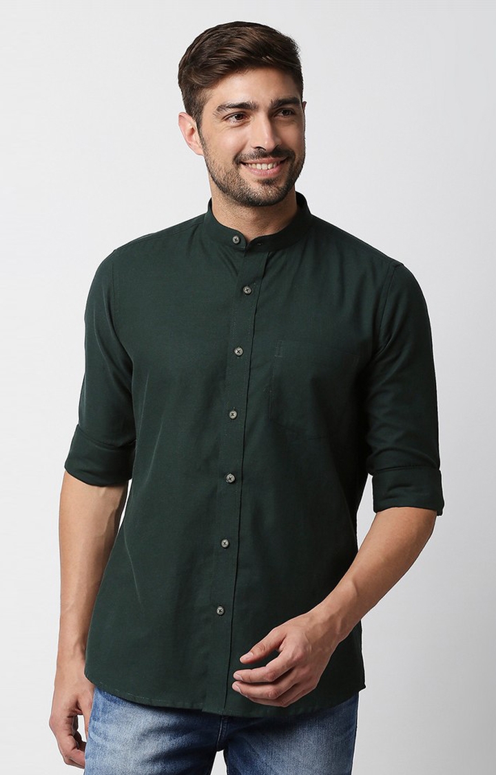 EVOQ's Bottled Green Flannel Full Sleeves Cotton Casual Shirt with Mandarin Collar for Men