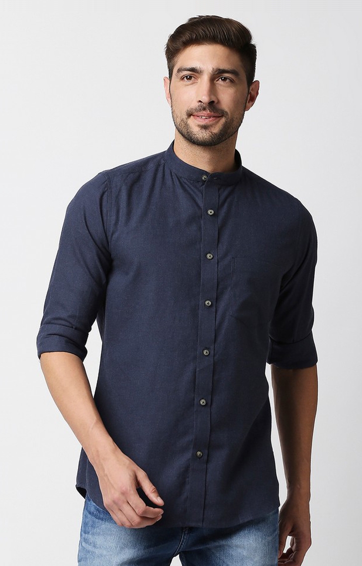 EVOQ's Navy Blue Flannel Full Sleeves Cotton Casual Shirt with Mandarin Collar for Men