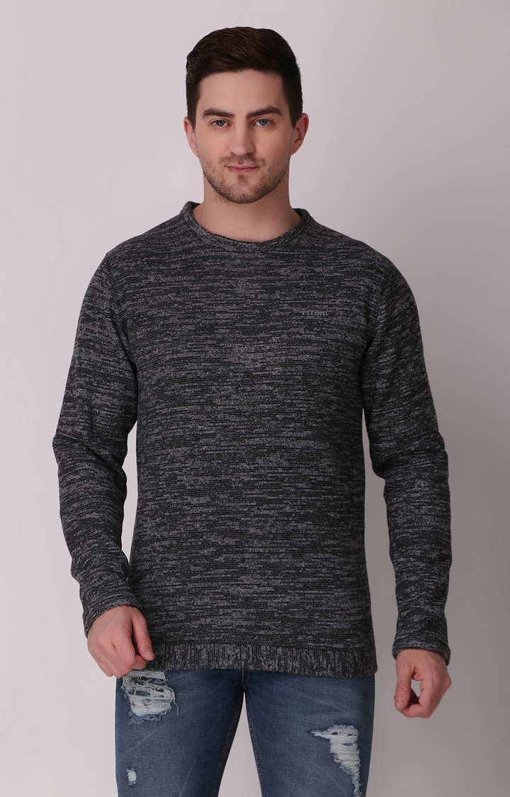 Fitinc | Fitinc Fleece Full Sleeves Melange Black Sweatshirt for Men
