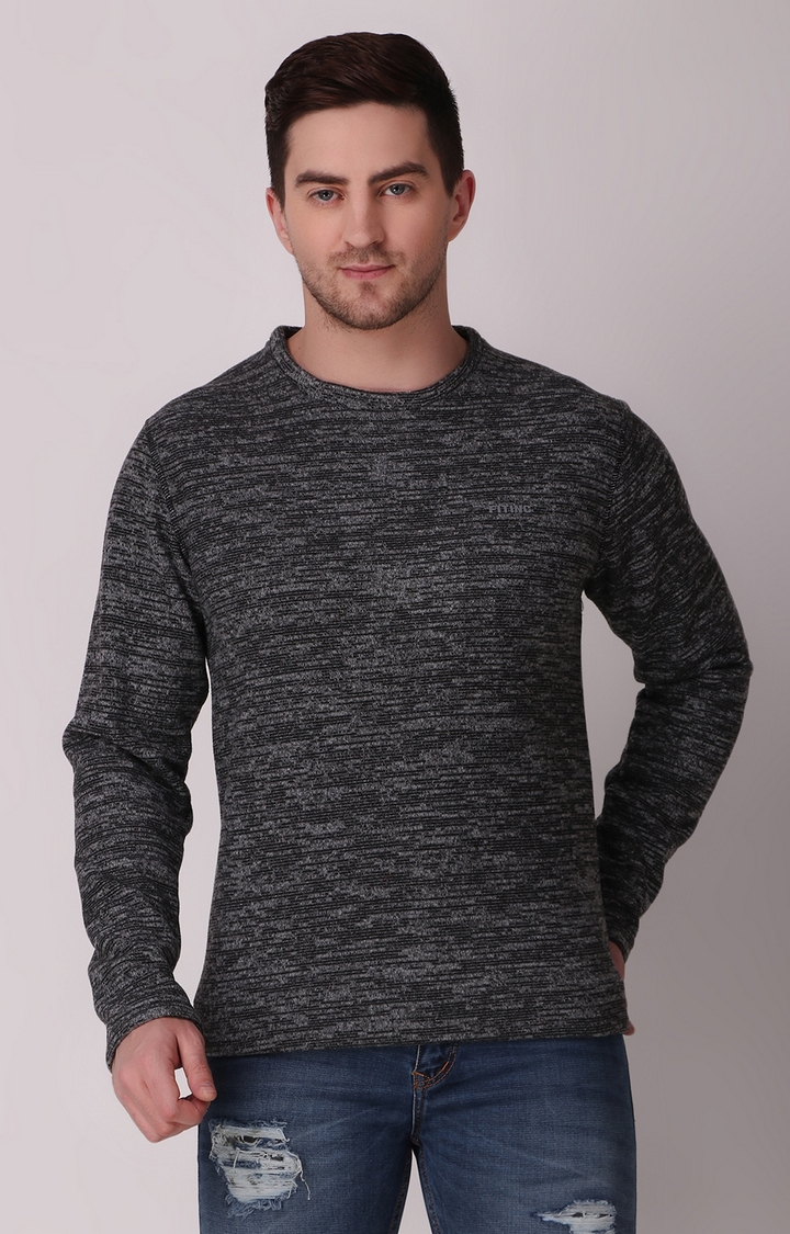Fitinc | Fitinc Fleece Full Sleeves Melange Black Sweatshirt for Men 2