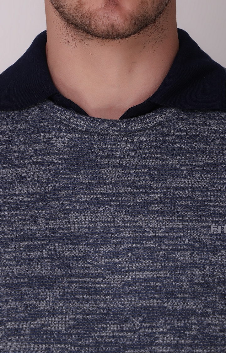 Fitinc Fleece Full Sleeves Melange Navy Blue Sweatshirt for Men