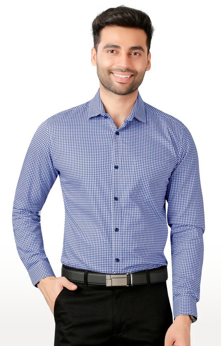 5th Anfold | Fifth Anfold Pure Cotton Royal blue Checked Full Sleeve Spread Collar Men's Formal shirt