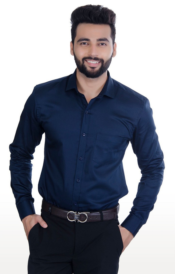 Men's Blue Cotton Solid Formal Shirt