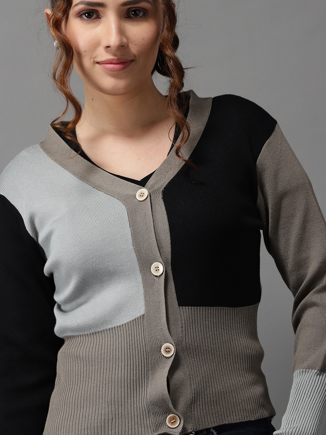 Women's Grey Acrylic Colourblock Sweaters