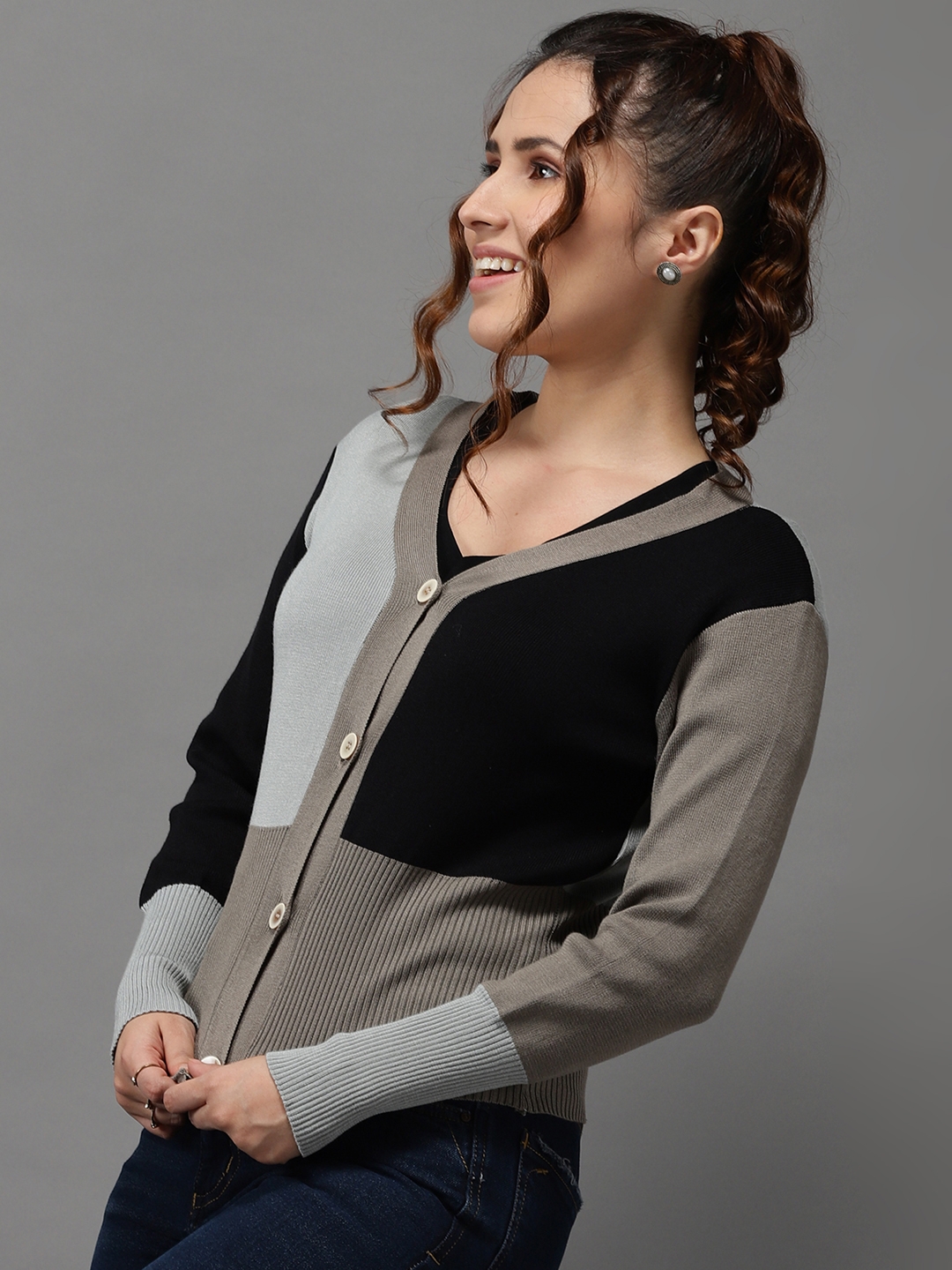 Women's Grey Acrylic Colourblock Sweaters