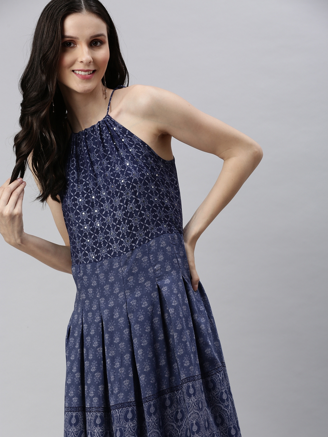Showoff | SHOWOFF Women's Maxi Abstract Blue Shoulder Straps A-Line Dress