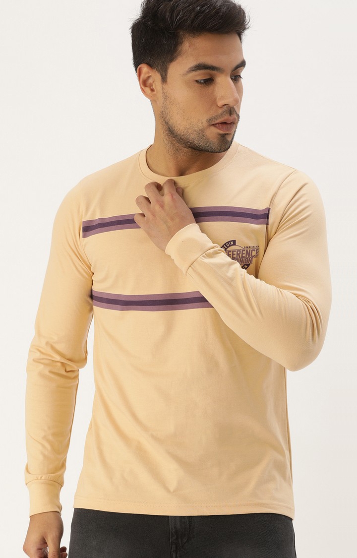 Men's Beige Cotton Striped T-Shirts