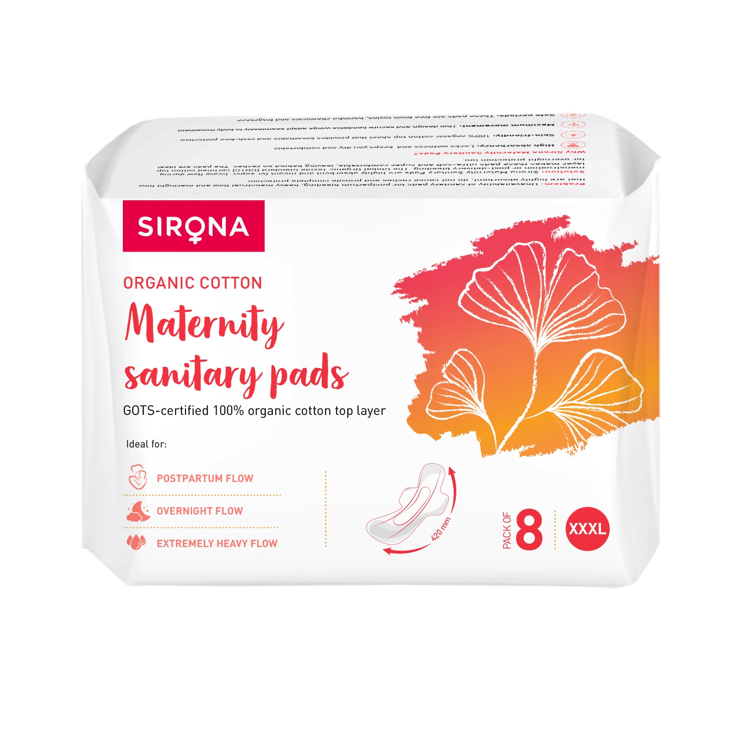 Sirona | Sirona Natural Ultra Soft Superr Pads - 8 Pieces (420mm) for Maternity Flow, Overnight Flow and Extremely Heavy Flow