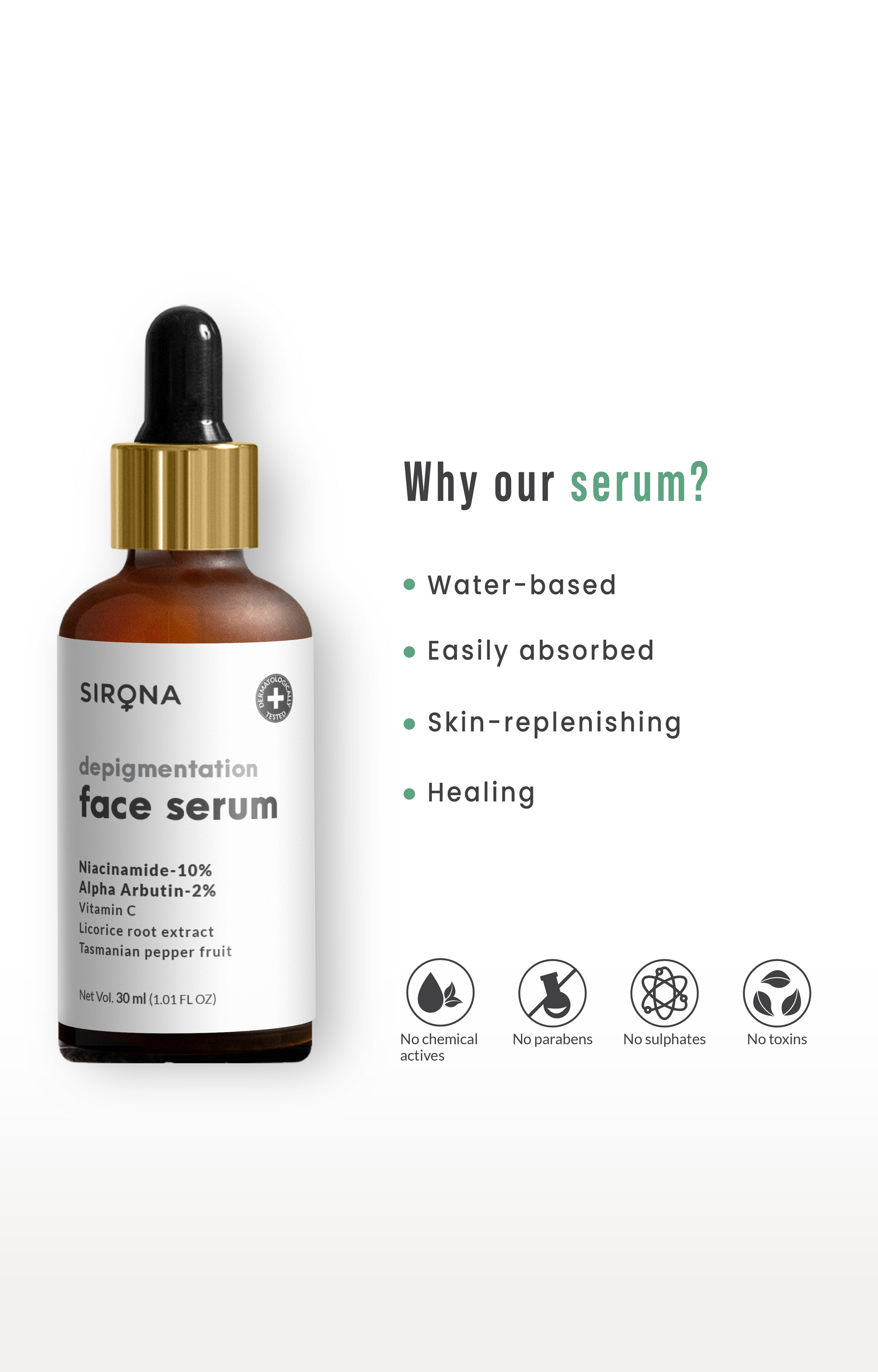 Sirona Depigmentation Face Serum - 30 Ml With Niacin amide, Vitamin C, Alpha Arbutin And Licorice Root Extract