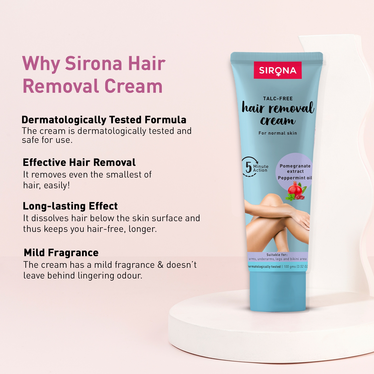 Sirona Hair Removal Cream - 100 Gms For Arms, Legs, Bikini Line & Underarm With No Talc & No Chemical Actives