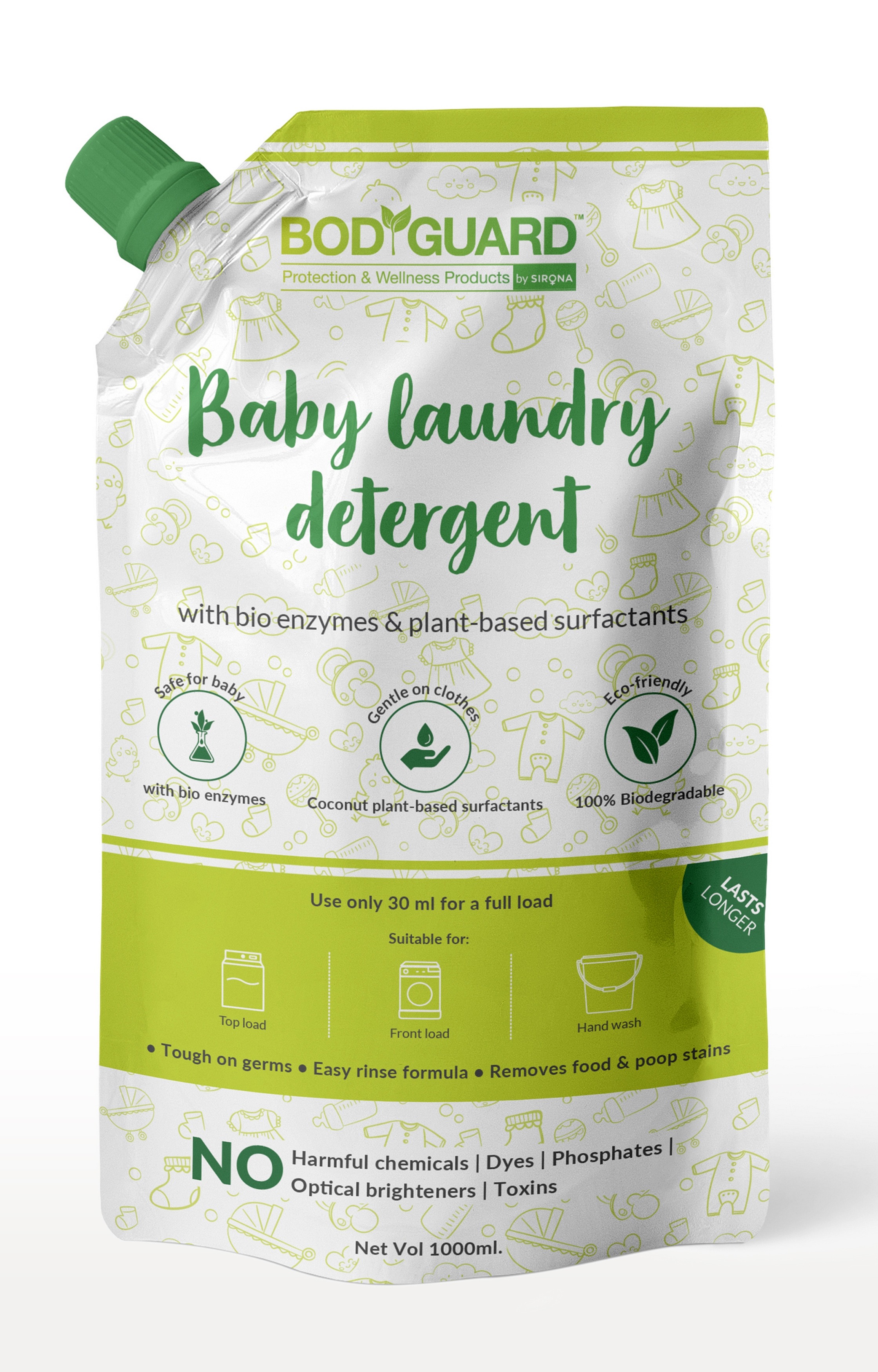 Bodyguard | Bodyguard Plant Based Baby Laundry Liquid Detergent - 1 Ltr (Pouch) with Bio-Enzymes & Lemon Oil