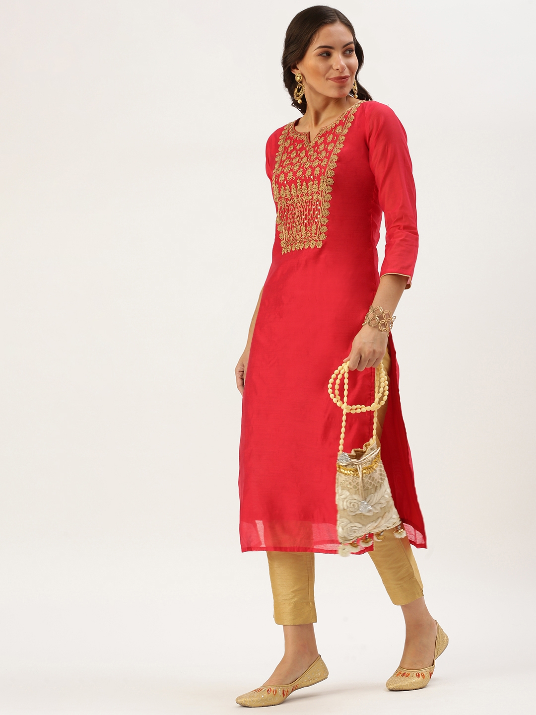 SHOWOFF Women's Calf Length Red Embellished Kurta