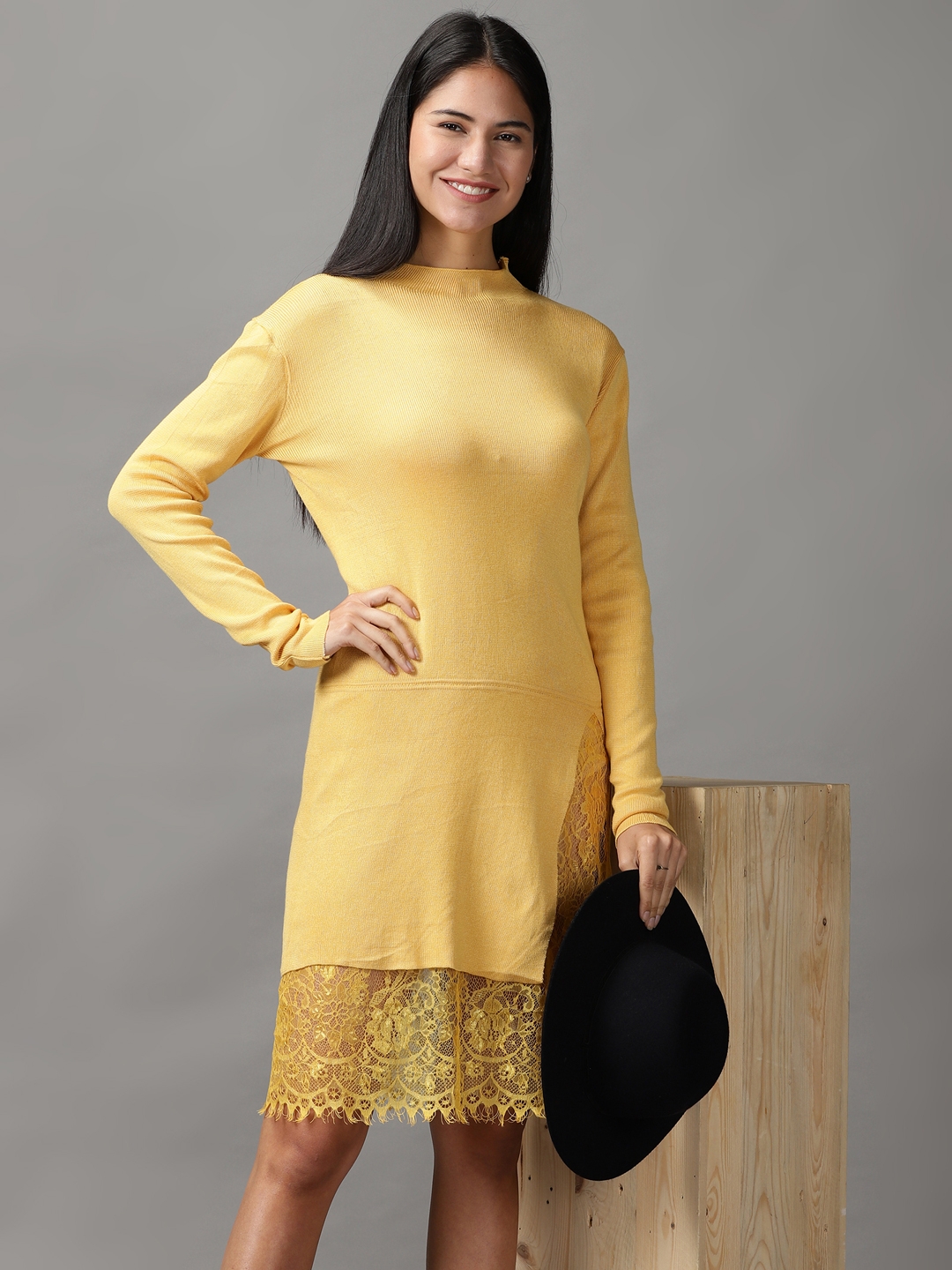 Women's Yellow Acrylic Solid Dresses