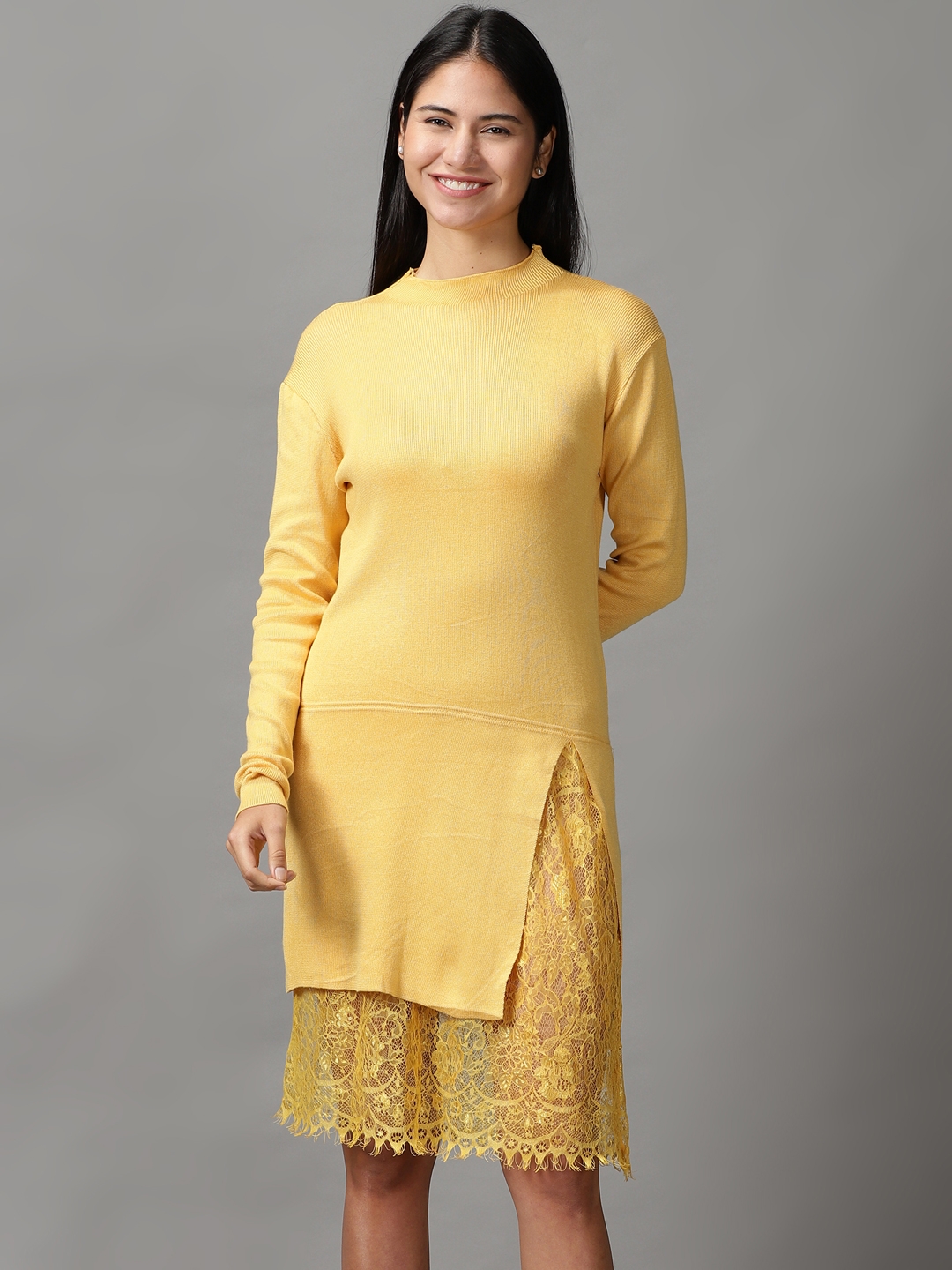 Women's Yellow Acrylic Solid Dresses