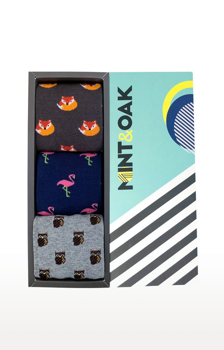 Mint & Oak | Mint & Oak Fox In A Box Calf Length Socks for Men - Pack of 3