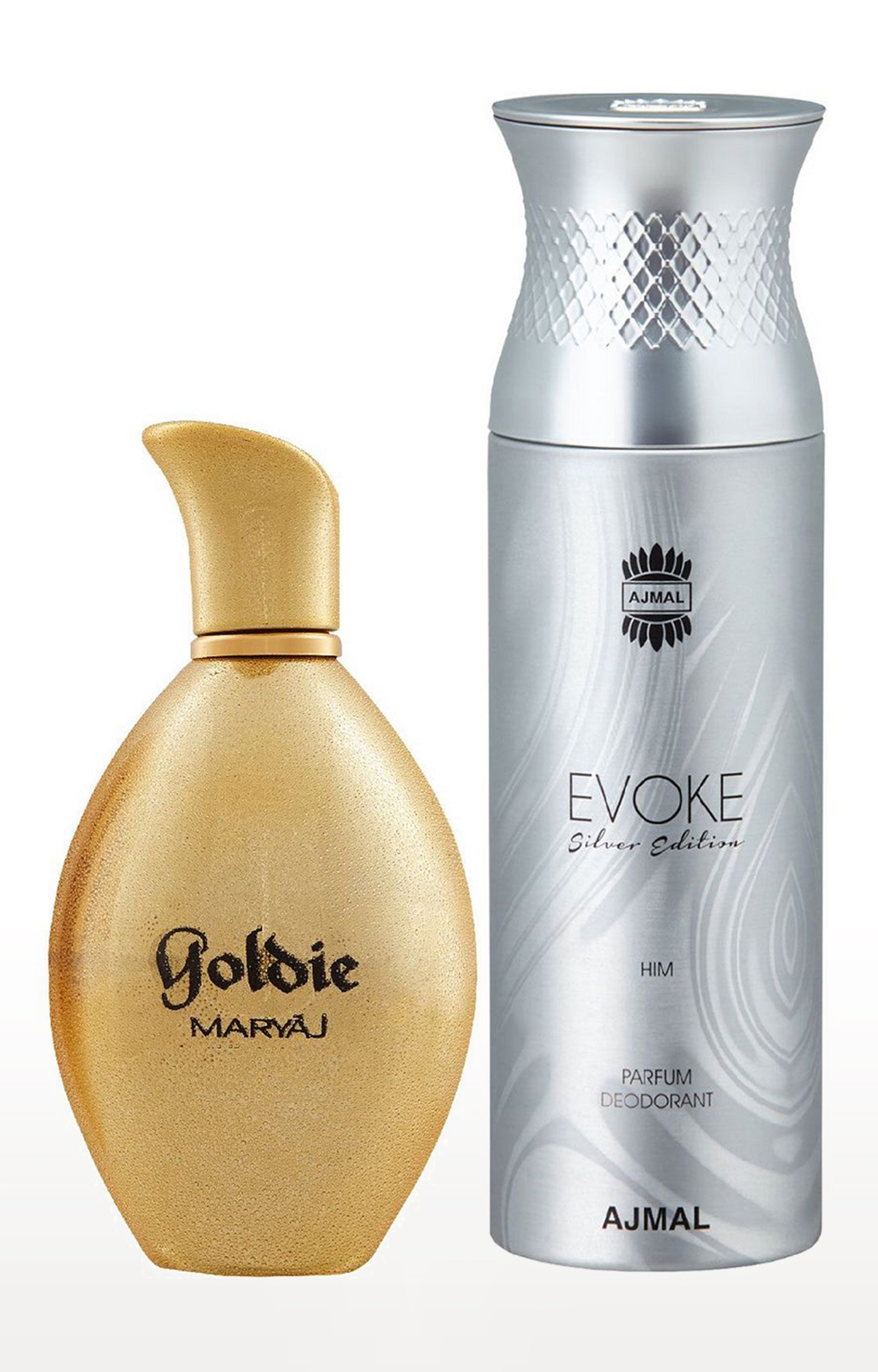 Maryaj Goldie Eau De Parfum Fruity Perfume 100ml for Women and Ajmal Evoke Silver Edition Him Deodorant Fragrance 200ml for Men