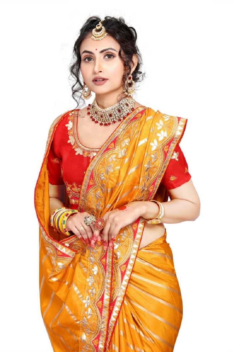 Awriya Women'S Silk Saree With Foil Print & Embroidery Gota Patti Work - Lata Yellow