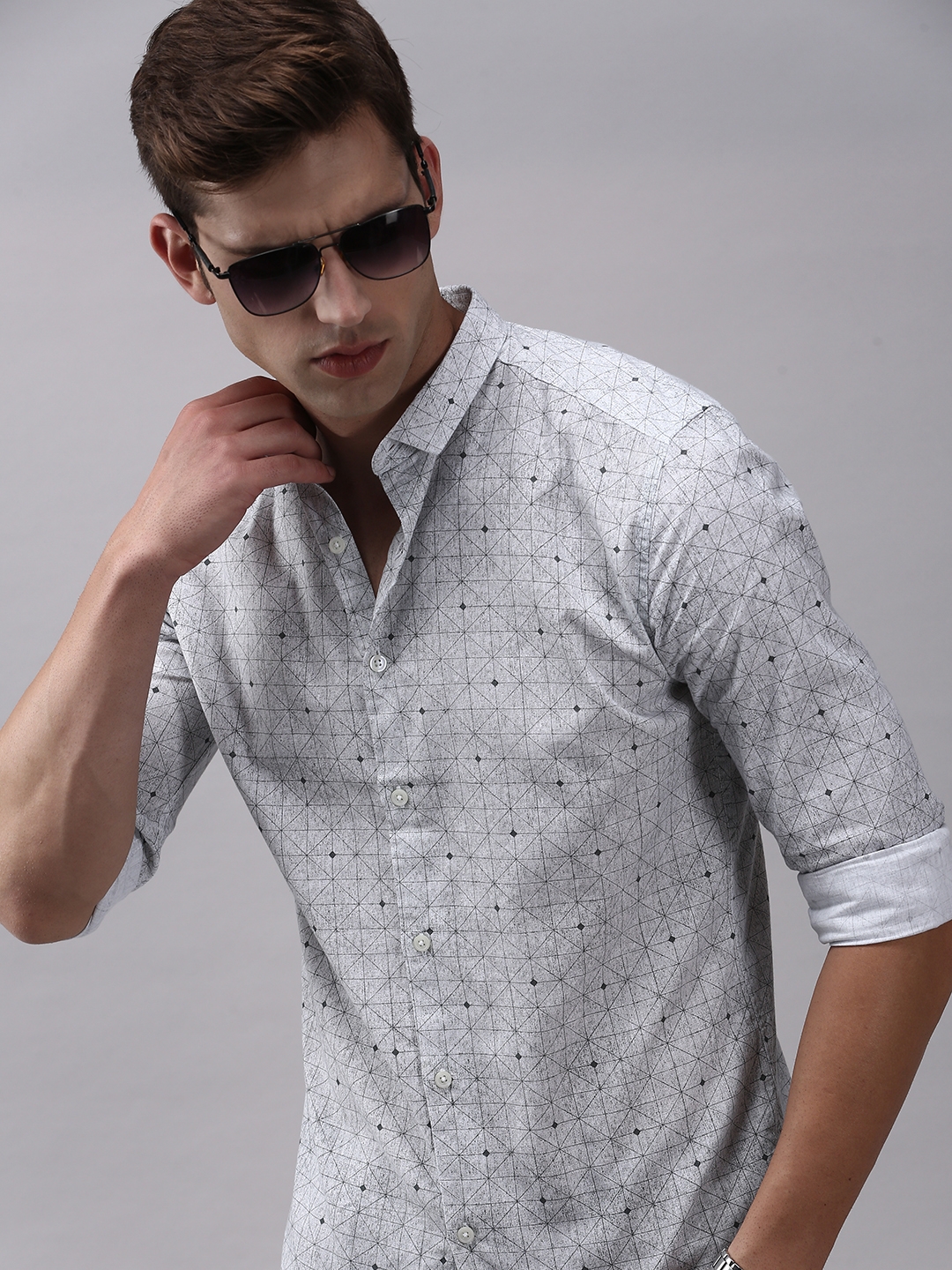 Showoff | SHOWOFF Men's Grey Spread Collar Geometric Comfort Fit Shirt