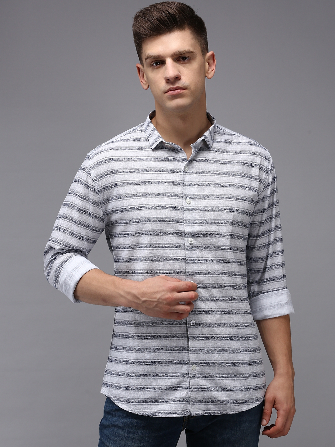 Men's Grey Cotton Striped Casual Shirts