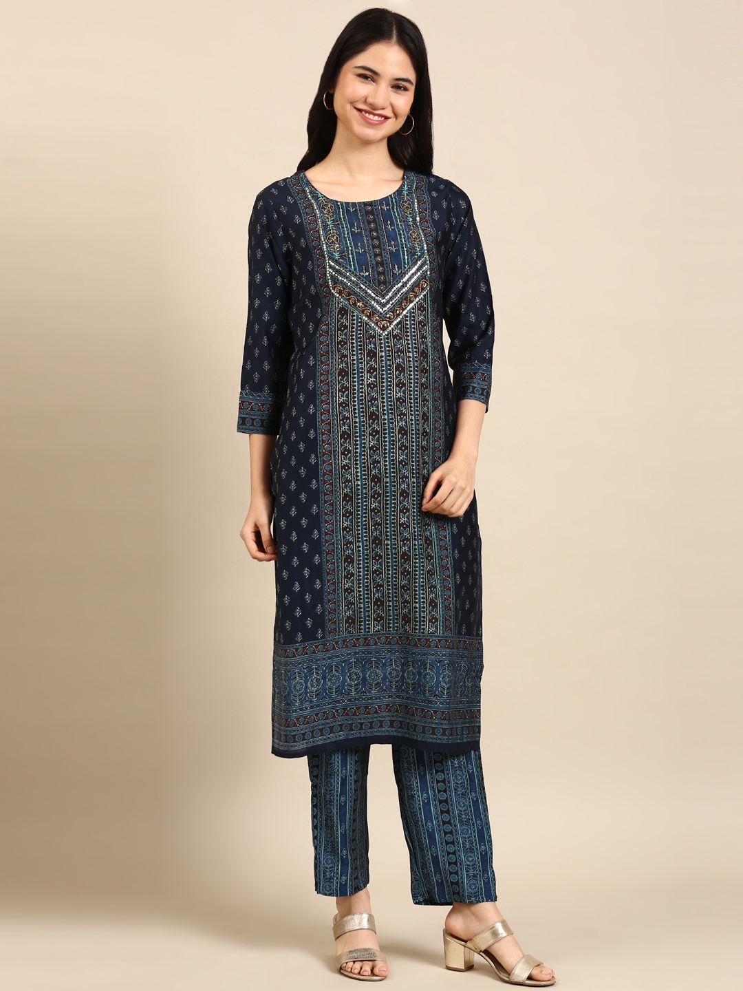 Women's Blue Chanderi Printed Comfort Fit Kurta Sets