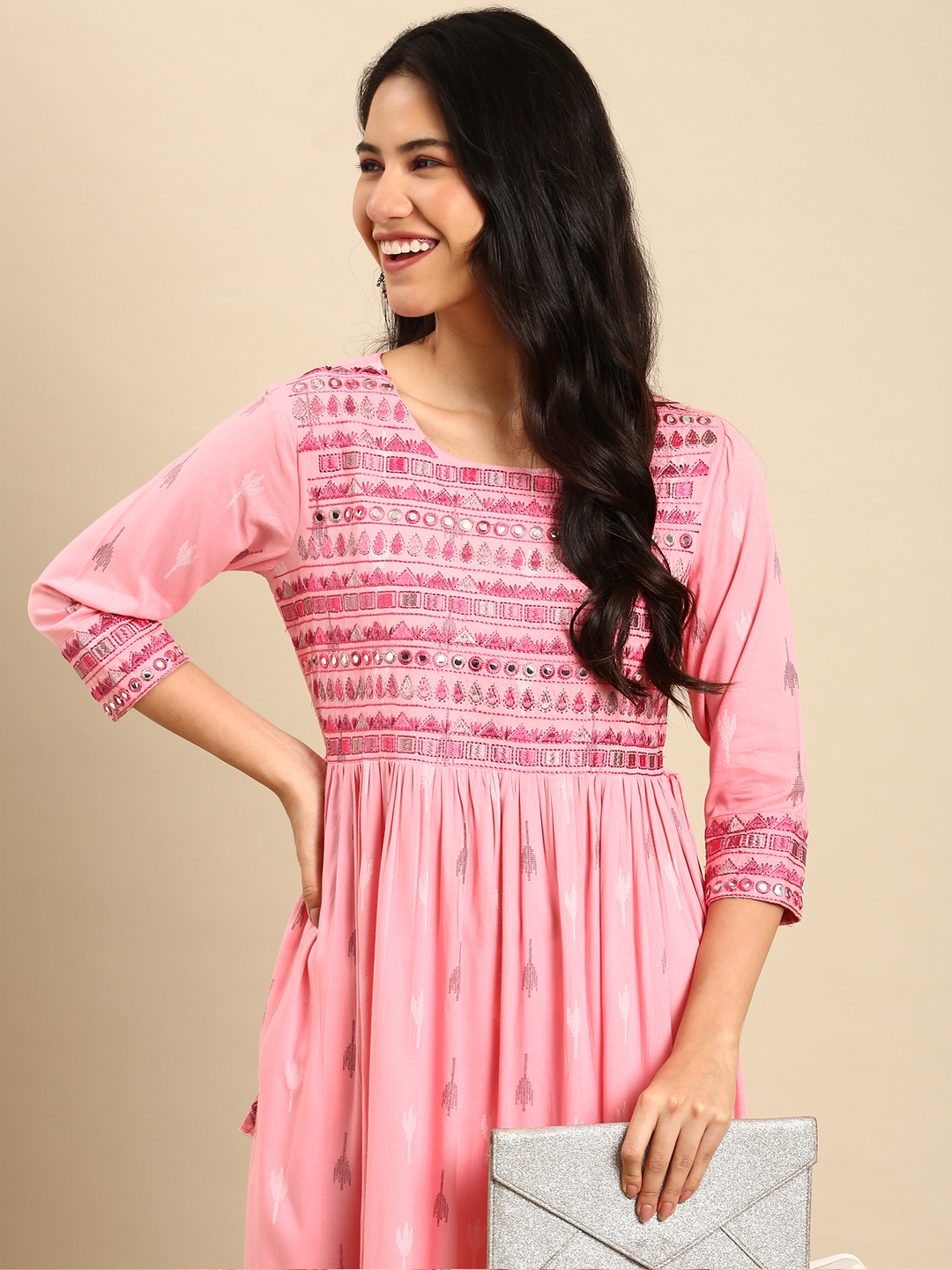 Showoff | SHOWOFF Women's Round Neck Abstract Pink A-Line Kurta