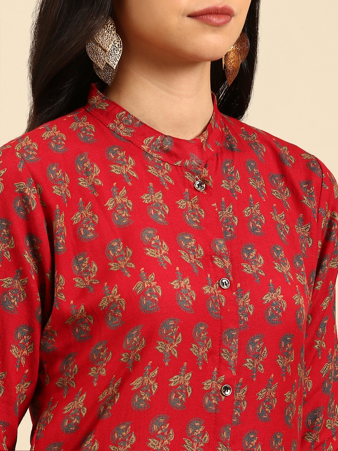 SHOWOFF Women's Mandarin Collar Ethnic Motifs Red Straight Kurta