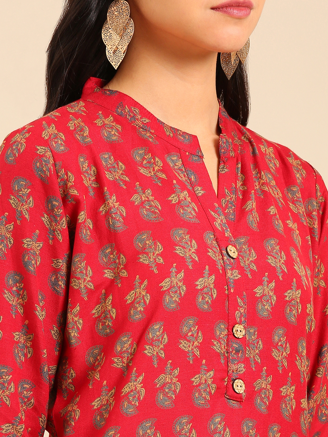 SHOWOFF Women's Mandarin Collar Ethnic Motifs Red Straight Kurta