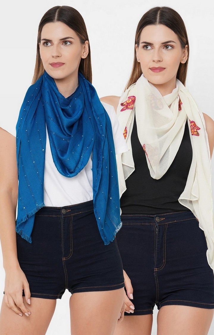 Get Wrapped | Get Wrapped Blue and White Viscose Sequins and Polyester Embroidered Scarf for Women - Pack of 2