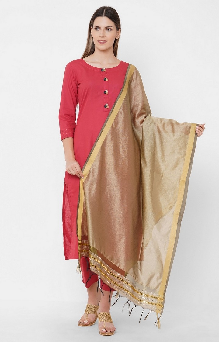 Get Wrapped | Get Wrapped Polyester Gold Border Beige Dupatta With Embroidery 0