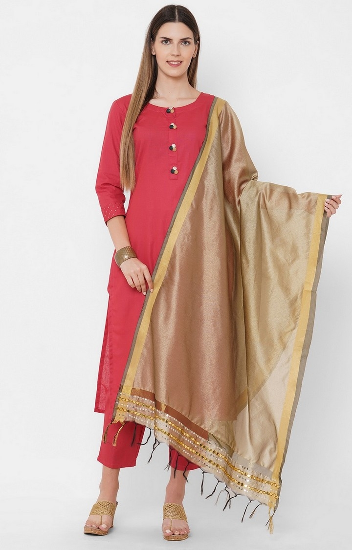 Get Wrapped | Get Wrapped Polyester Gold Border Beige Dupatta With Embroidery 1