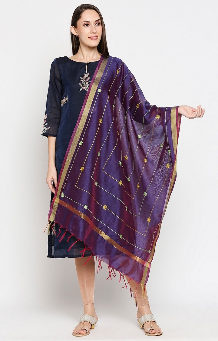 Get Wrapped | Get Wrapped Gold Border Dupatta with Embroidery - Violet