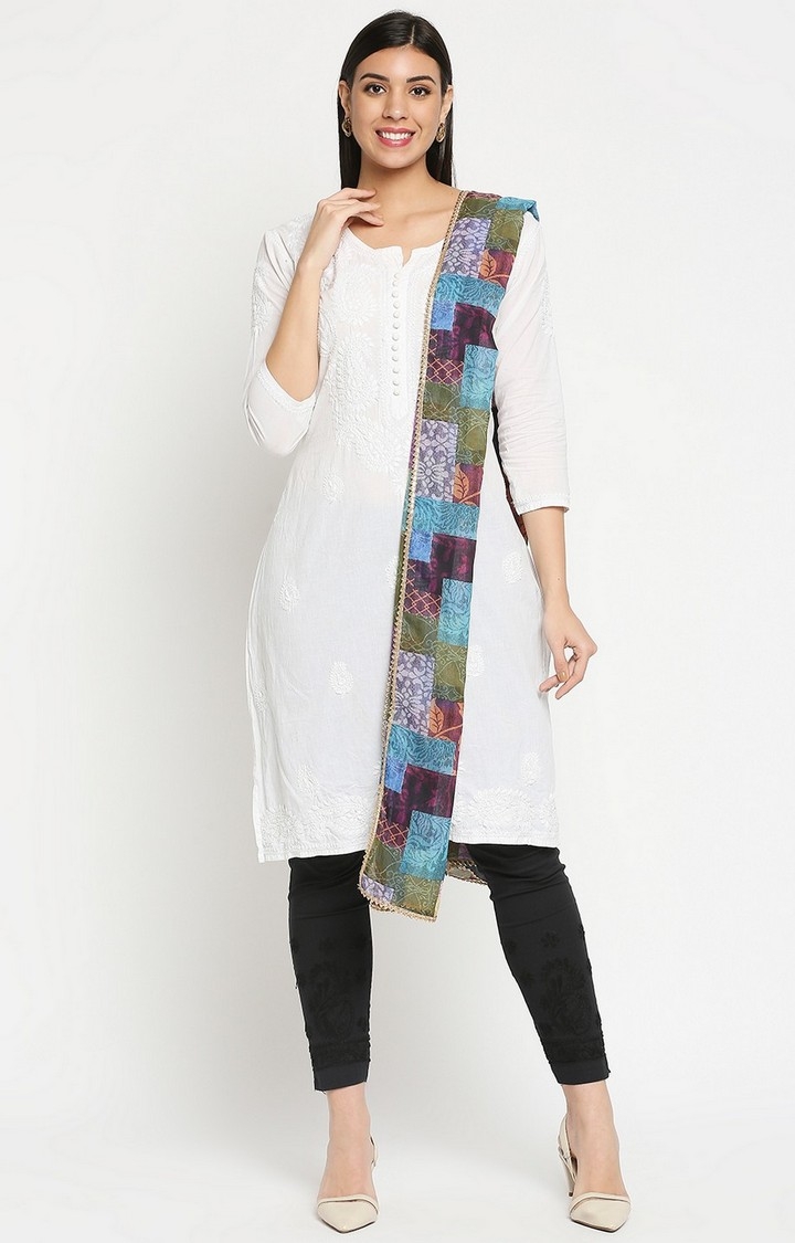 Get Wrapped | Get Wrapped Multi-Coloured Digital Printed Dupatta with Zari Lace Border For Women