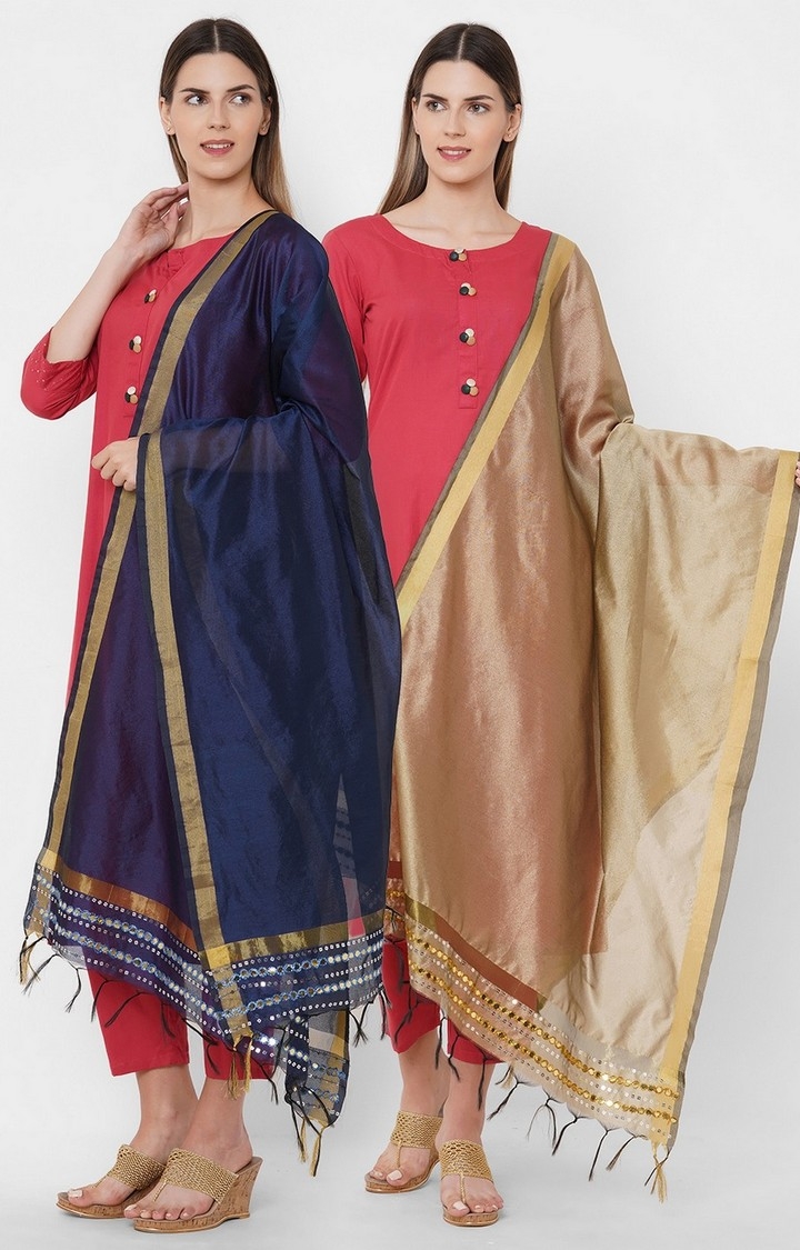 Get Wrapped | Get Wrapped Polyester Gold Border Multi-Coloured Dupatta with Embroidery - Pack of 2