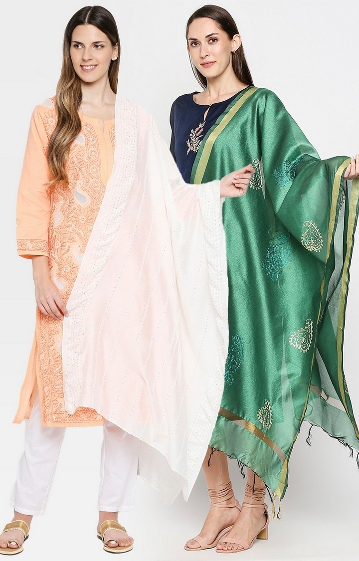 Get Wrapped | Get Wrapped Multi-Coloured Dyeable Dupatta and Gold Border Dupatta for Women - Pack of 2