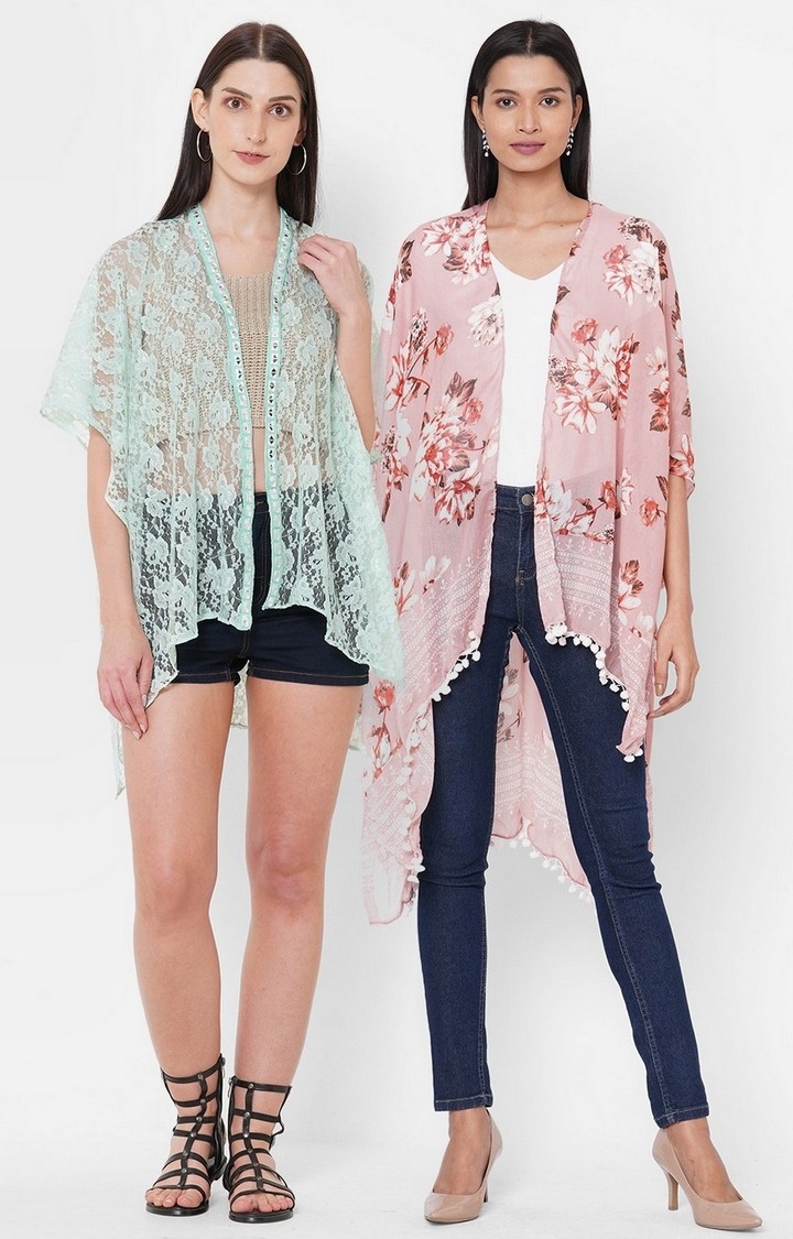Get Wrapped | Get Wrapped Net Fabric & a Polyester Printed Kimono Combo for Women - Combo Pack of 2