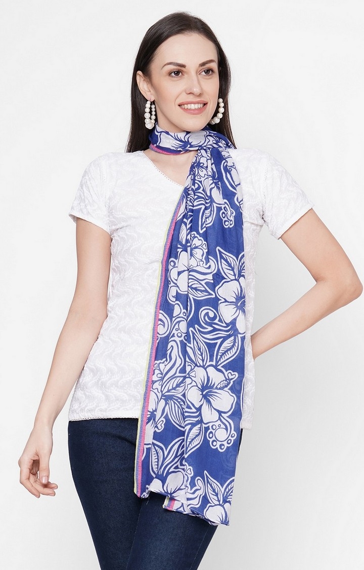 Get Wrapped | Get Wrapped Blue Viscose Rayon Printed Scarf with Dobby Border
