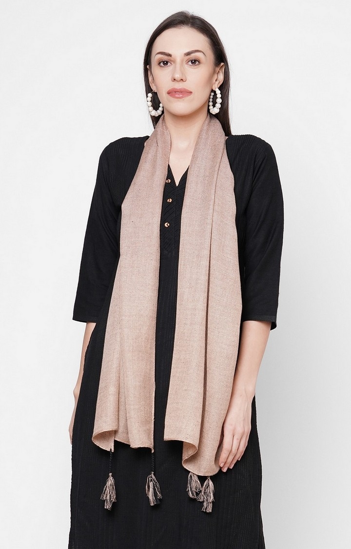 Get Wrapped | Get Wrapped Beige Viscose Rayon Self Design Scarf with Tasselled Border