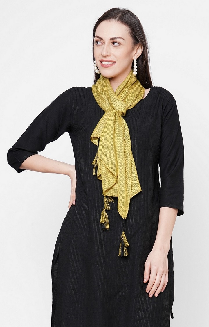 Get Wrapped | Get Wrapped Yellow Viscose Rayon Self Design Scarf with Tasselled Border