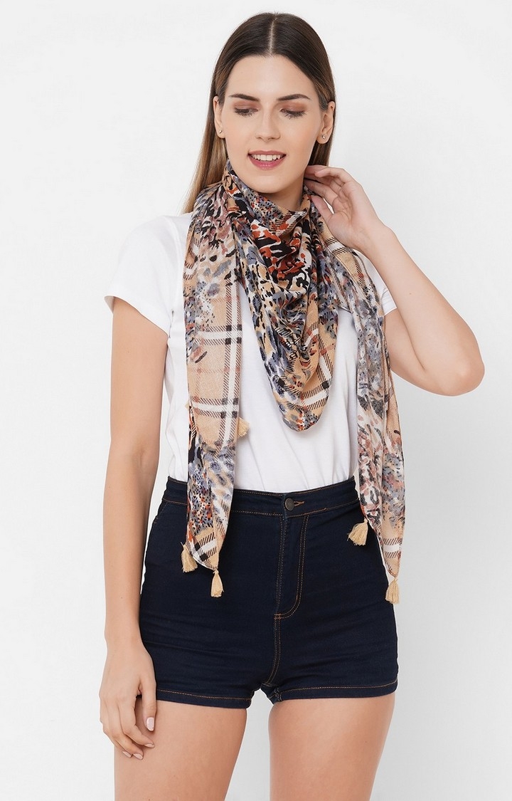 Get Wrapped | Get Wrapped Viscose Printed Beige Scarf With Tassels