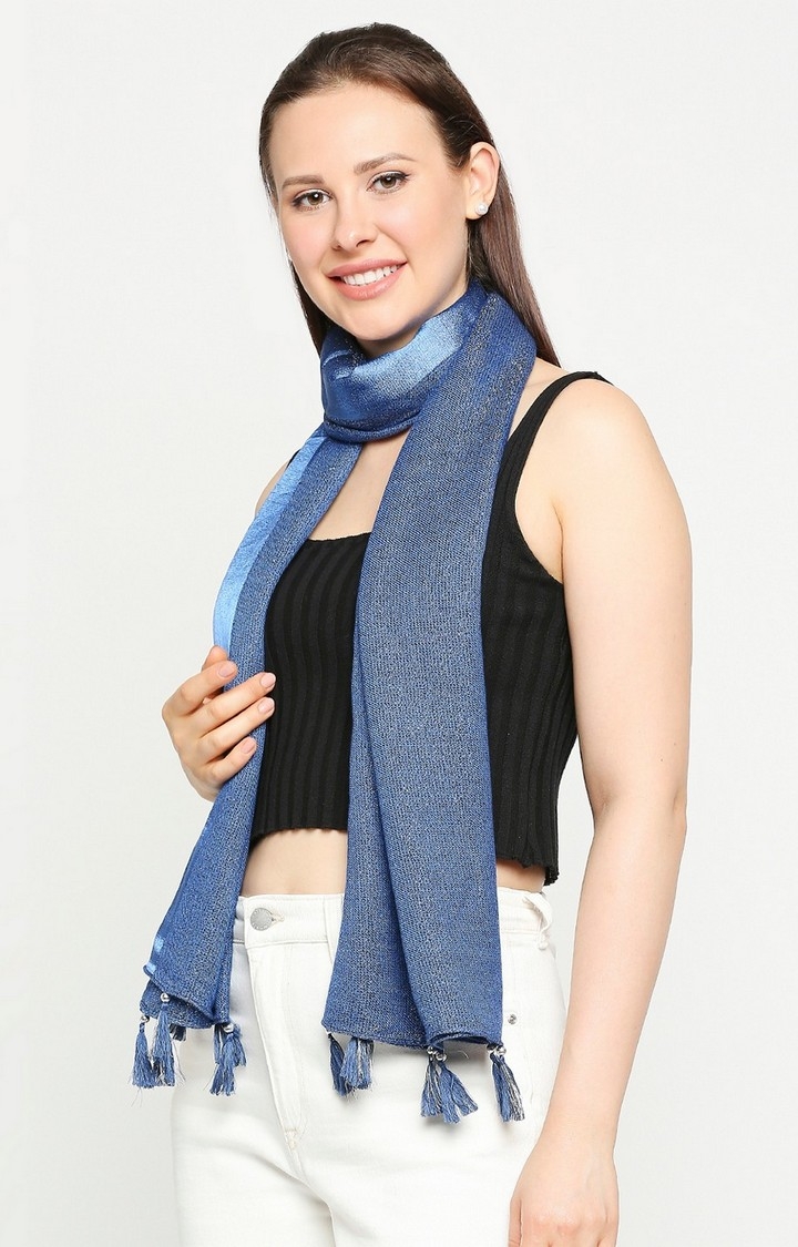 Get Wrapped | Get Wrapped Lurex Blue Scarf with Tassels for Women 2
