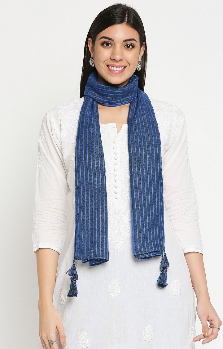 Get Wrapped | Get Wrapped Blue Dyed Striped Dobby Scarf with Tassels for Women