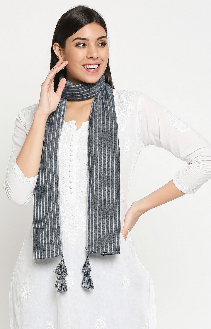 Get Wrapped | Get Wrapped Grey Striped Dyed Dobby Scarf with Tassels for Women