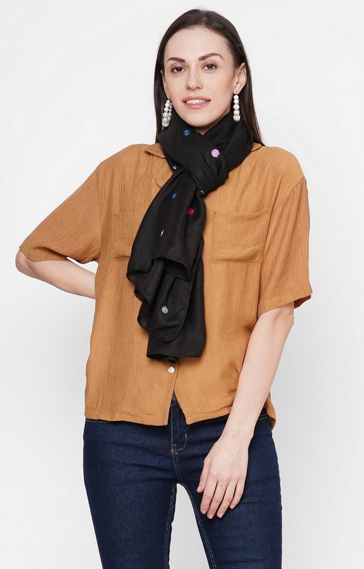 Get Wrapped | Get Wrapped Black Polyester Embroidered Scarf with Solid Border