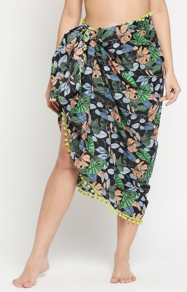 Get Wrapped | Get Wrapped Black Cotton Printed Sarongs with Pom Poms for Women
