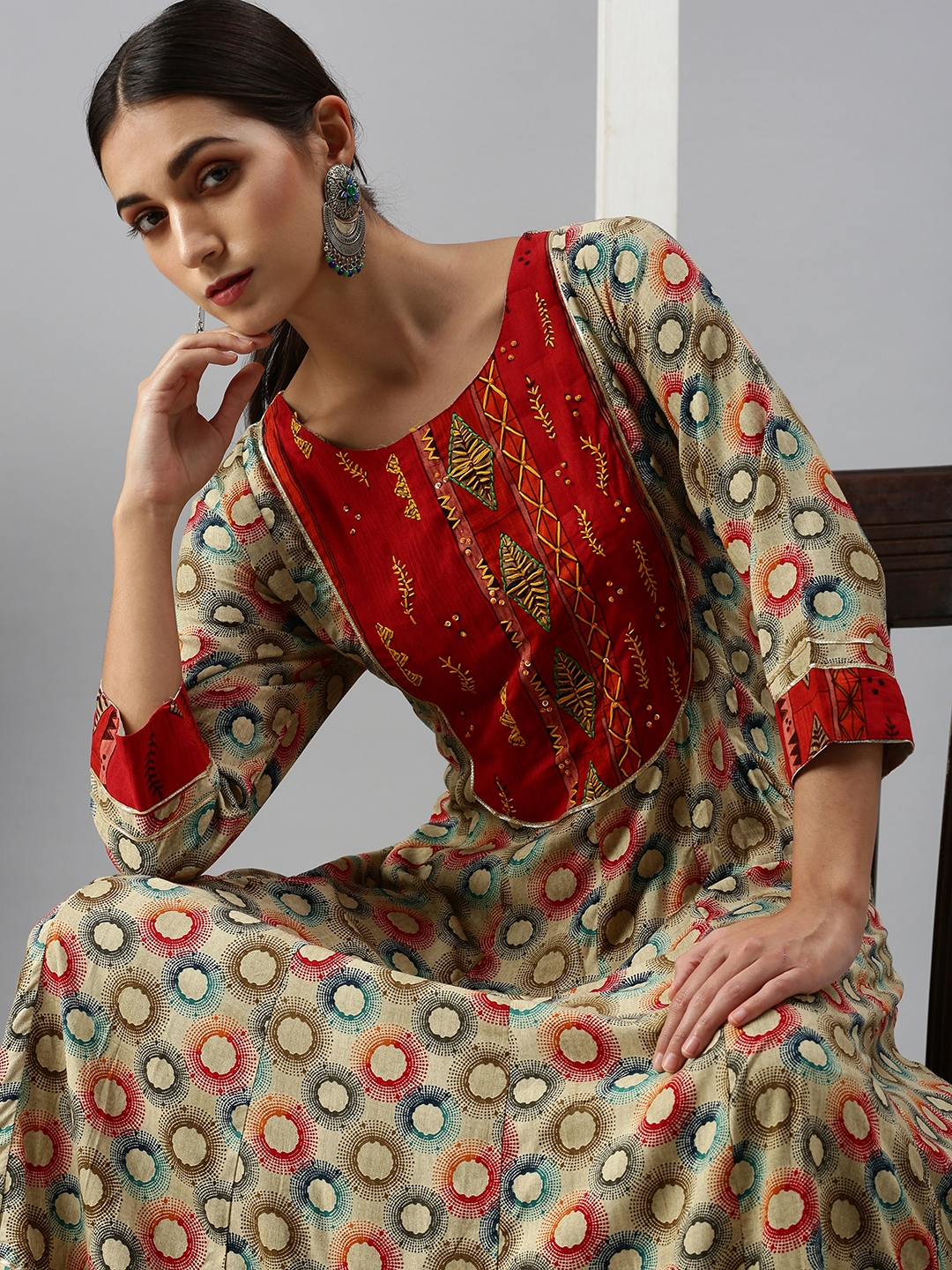 Showoff Women Cotton Blend Multi-Coloured Geometric Anarkali Kurta