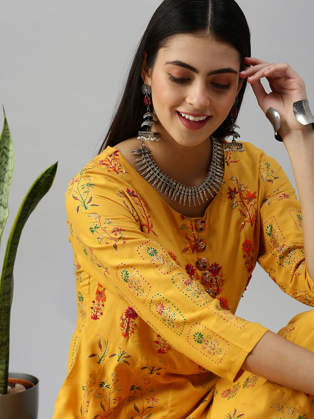 Showoff | Showoff Women Cotton Blend Yellow Floral Anarkali Kurta